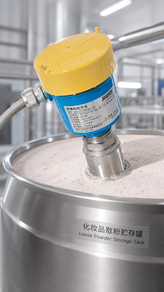 The Tube 11 Vibrating Rod Level Switch Monitors the Level of Loose Powder in a Storage Tank Application Case of the Tube-11 Vibrating Rod Level Switch in Loose Powder Manufacturing for the Cosmetics Industry