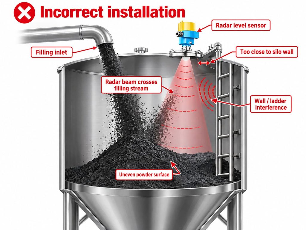 Incorrect Radar Level Sensor Installation in a Carbon Powder Silo Radar Level Measurement in Carbon Powder Silos
